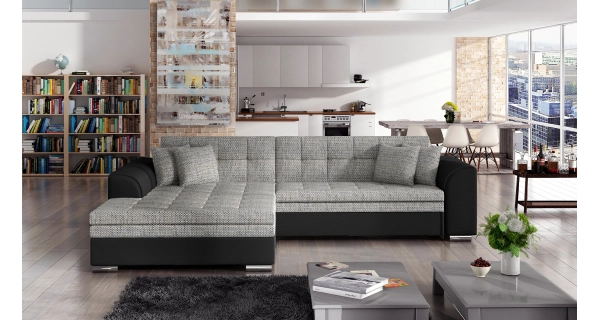 Rohová sedačka STRINA, levá, šedá látka/černá ekokůže