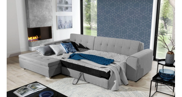 Rohová sedačka STRINA, levá, šedá látka/černá ekokůže