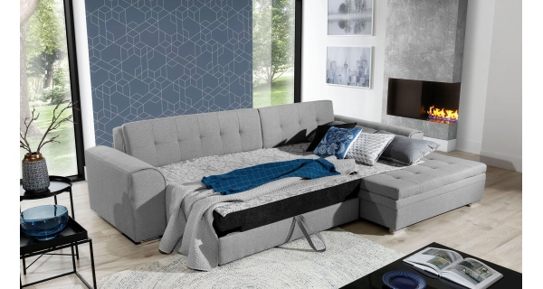 Rohová sedačka STRINA, pravá, šedá látka/černá ekokůže