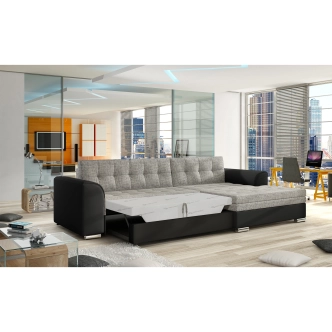 Rohová sedačka UNTITO, pravá, šedá látka/černá ekokůže