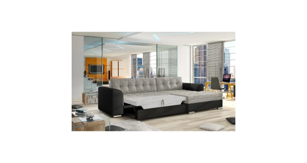 Rohová sedačka UNTITO, pravá, šedá látka/černá ekokůže