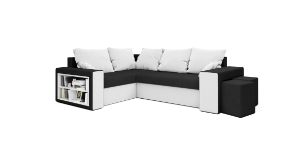 Rohová sedačka VEJR s knihovnou a taburety, levá, černá/bílá