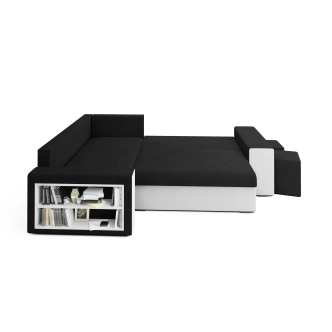 Rohová sedačka VEJR s knihovnou a taburety, levá, černá/bílá
