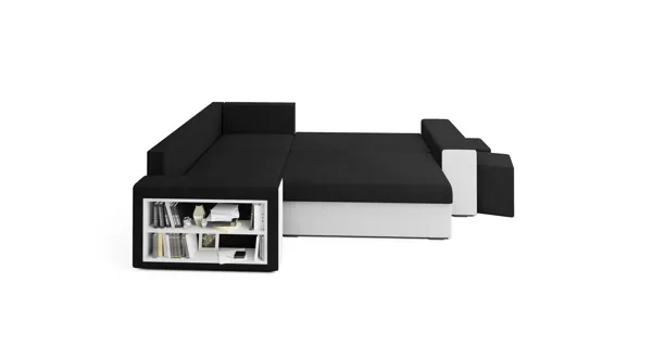 Rohová sedačka VEJR s knihovnou a taburety, levá, černá/bílá