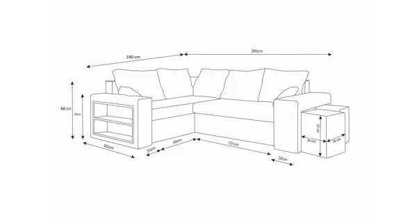 Rohová sedačka VEJR s knihovnou a taburety, levá, šedá/černá