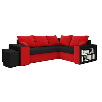 Rohová sedačka VEJR s knihovnou a taburety, pravá, černá/červená