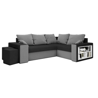Rohová sedačka VEJR s knihovnou a taburety, pravá, černá/šedá