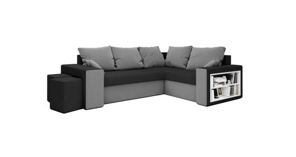 Rohová sedačka VEJR s knihovnou a taburety, pravá, černá/šedá