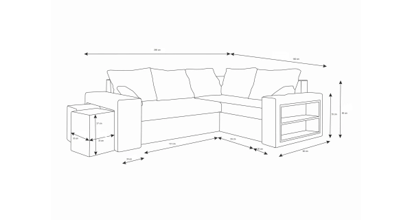 Rohová sedačka VEJR s knihovnou a taburety, pravá, černá/šedá