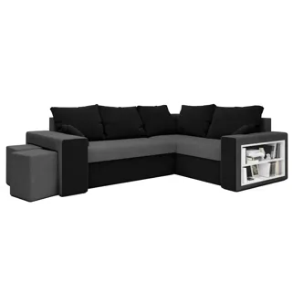 Rohová sedačka VEJR s knihovnou a taburety, pravá, šedá/černá