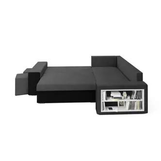 Rohová sedačka VEJR s knihovnou a taburety, pravá, šedá/černá