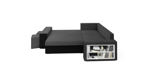 Rohová sedačka VEJR s knihovnou a taburety, pravá, šedá/černá