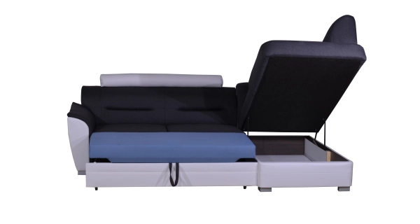 Rohová sedačka WILUNA se záhlavníkem, pravá, látka šedá/bílá ekokůže