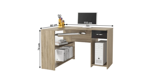 Rohový PC stůl AGUM, dub sonoma/černý lesk