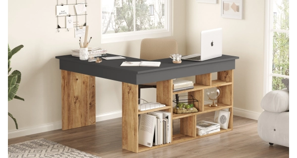 Rohový psací stůl ANTIGO, levý, atlantská borovice/černá - II. jakost, POUZE OSOBNÍ ODBĚR