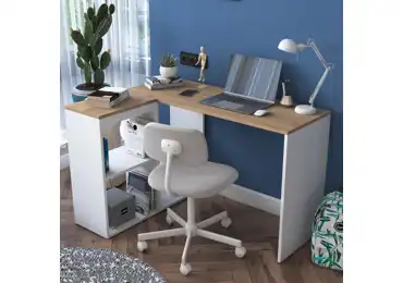 Rohový psací stůl DRILAN, levý, bílá/dub