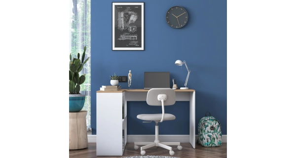 Rohový psací stůl DRILAN, levý, bílá/dub