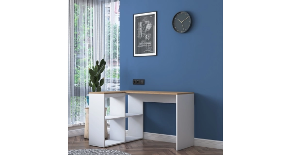 Rohový psací stůl DRILAN, levý, bílá/dub