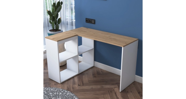 Rohový psací stůl DRILAN, levý, bílá/dub