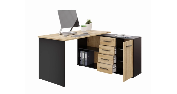 Rohový psací stůl NEJBY DUKE, černá/dub wotan DOPRODEJ