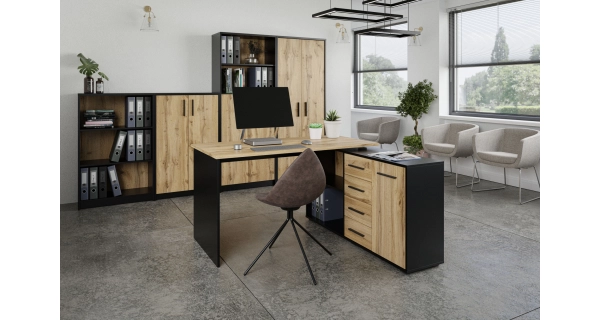 Rohový psací stůl NEJBY DUKE, černá/dub wotan DOPRODEJ