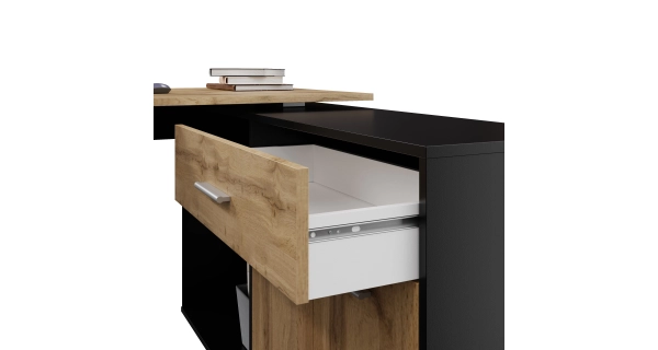 Rohový psací stůl NEJBY DUKE II, pravý, černá/dub wotan