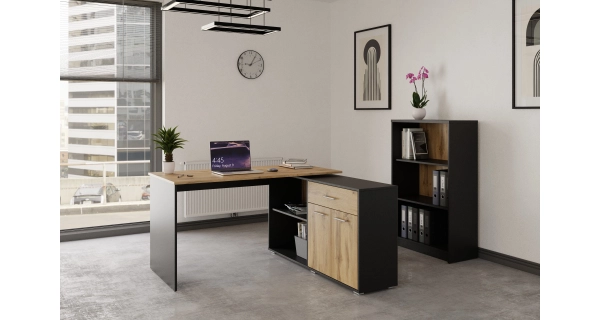 Rohový psací stůl NEJBY DUKE II, pravý, černá/dub wotan