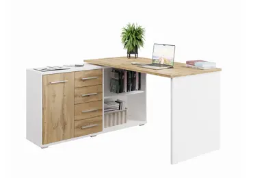 Rohový psací stůl NEJBY GIANNI, levý, bílá/dub wotan