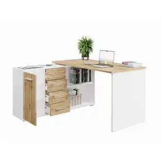 Rohový psací stůl NEJBY GIANNI, levý, bílá/dub wotan