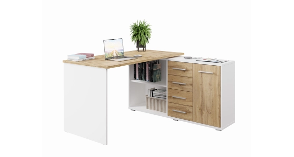 Rohový psací stůl NEJBY GIANNI, pravý, bílá/dub wotan - II. jakost, POUZE OSOBNÍ ODBĚR