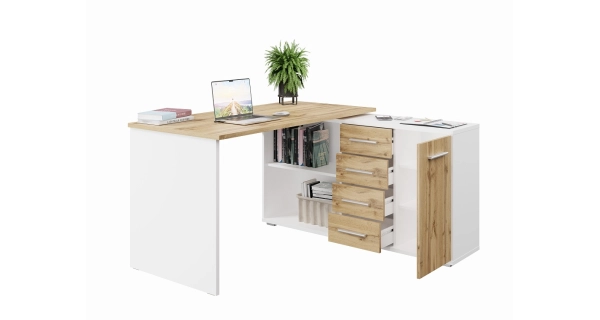 Rohový psací stůl NEJBY GIANNI, pravý, bílá/dub wotan - II. jakost, POUZE OSOBNÍ ODBĚR