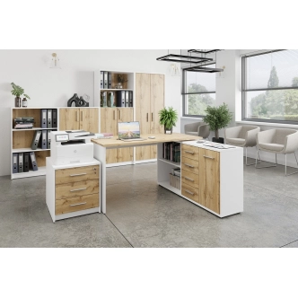 Rohový psací stůl NEJBY GIANNI, pravý, bílá/dub wotan - II. jakost, POUZE OSOBNÍ ODBĚR