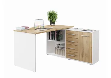 Rohový psací stůl NEJBY GIANNI, pravý, bílá/dub wotan