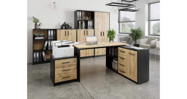 Rohový psací stůl NEJBY GIANNI, pravý, černá/dub wotan