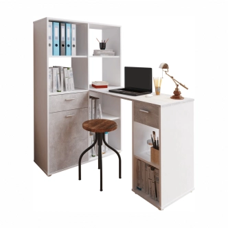 Rohový psací stůl ZONE s regálem, levý, bílá/beton