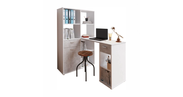 Rohový psací stůl ZONE s regálem, levý, bílá/beton