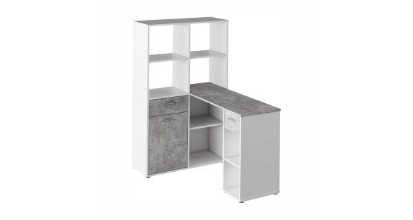 Rohový psací stůl ZONE s regálem, levý, bílá/beton