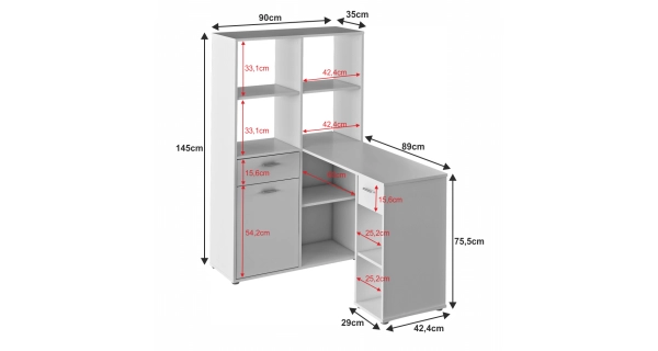 Rohový psací stůl ZONE s regálem, levý, bílá
