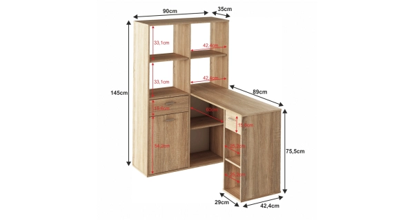 Rohový psací stůl ZONE s regálem, levý, dub sonoma