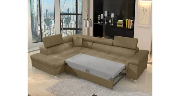 Rozkládací rohová sedačka CROCEA 06, světle hnědá látka, levá