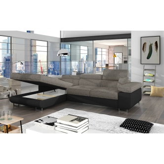 Rozkládací rohová sedačka DARPOL 01, šedá látka/černá ekokůže, levá