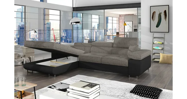 Rozkládací rohová sedačka DARPOL 01, šedá látka/černá ekokůže, levá