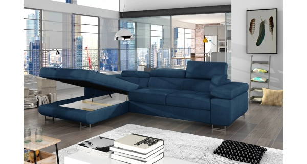 Rozkládací rohová sedačka DARPOL 25, modrá látka, levá