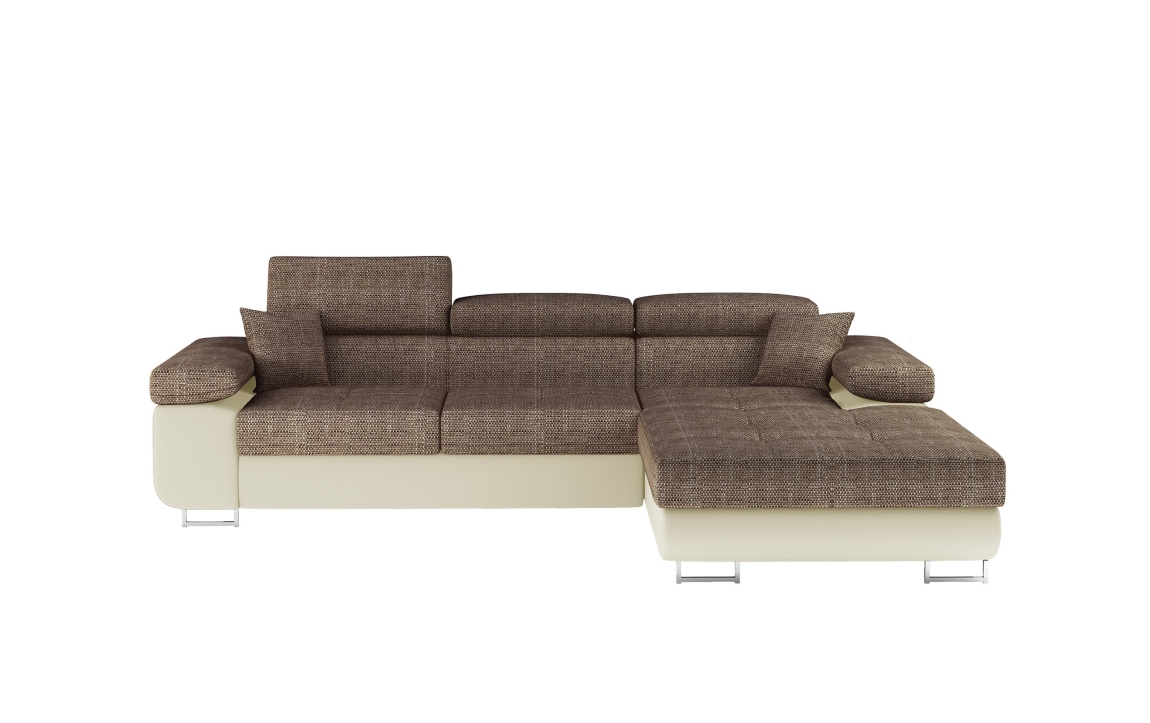 Rozkládací rohová sedačka DARPOL 02, hnědá látka/béžová ekokůže, pravá