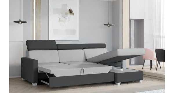 Rozkládací rohová sedačka do L KATMAI s úložným prostorem, pravá, světle šedá látka/tmavě šedá látka