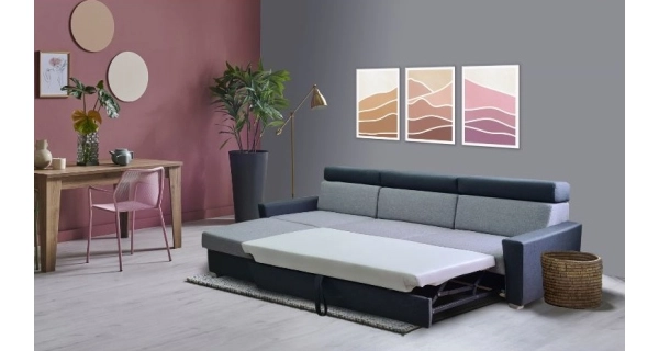 Rozkládací rohová sedačka KATMAI, levá, světle šedá látka/tmavě šedá látka