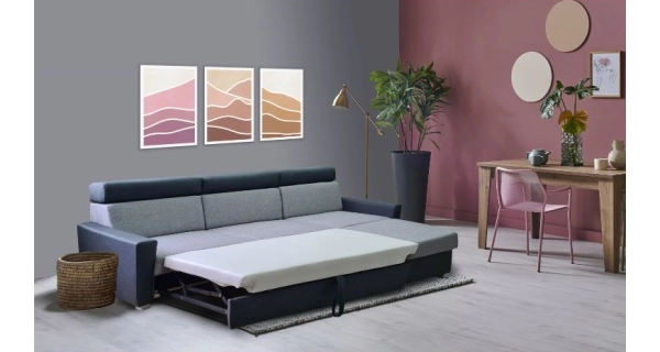 Rozkládací rohová sedačka KATMAI, pravá, světle hnědá látka/hnědá látka