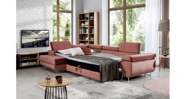 Rozkládací rohová sedačka MENDON 37, růžová látka, levá