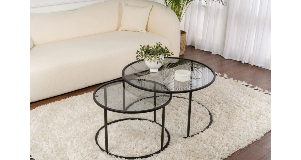 Sada konferenčních stolků FERMIS - 80 + 60 cm, černá/šedé sklo