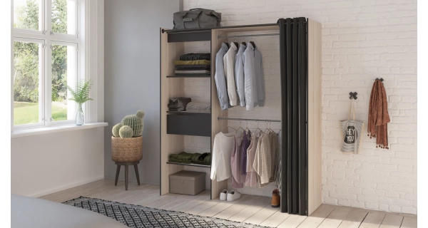 Šatní organizér SNOWMAS se závěsem, dub sonoma/černý mat